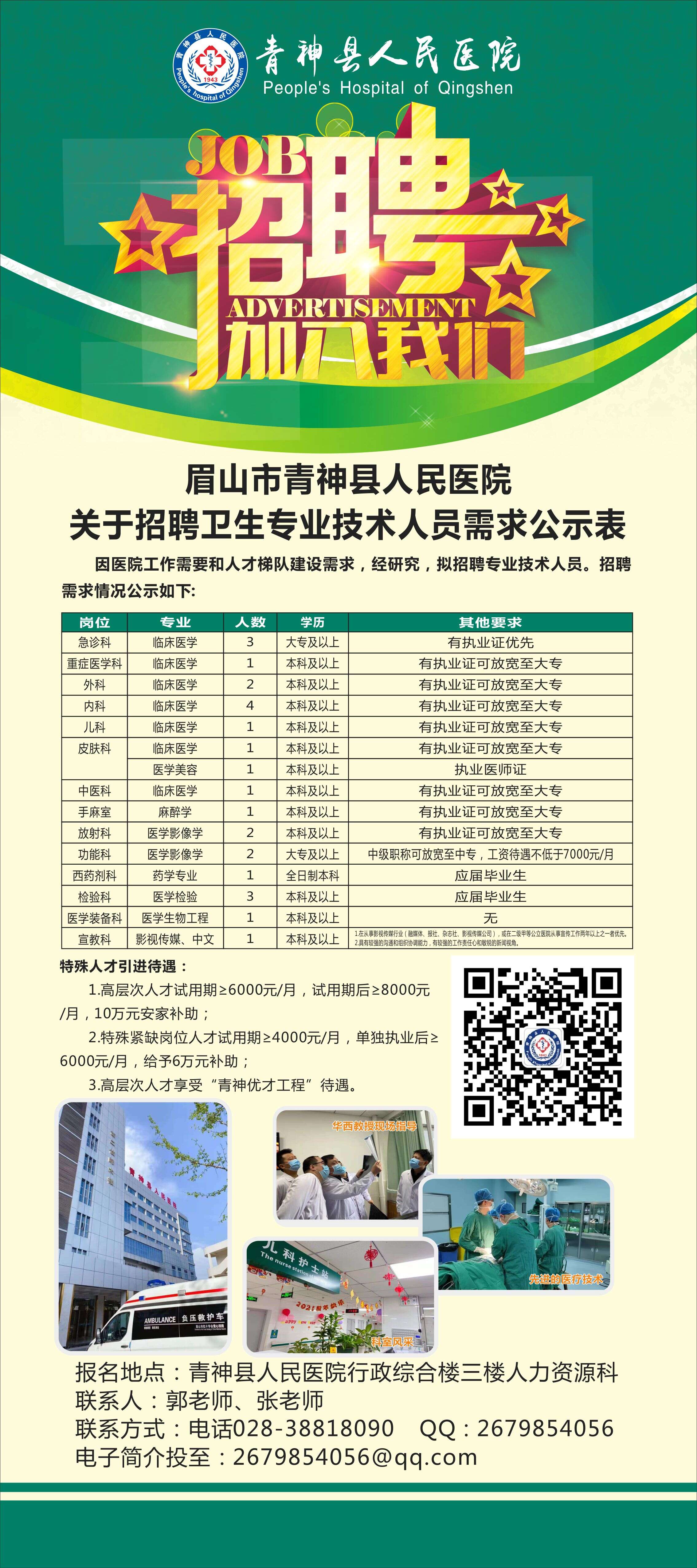 眉山市青神县人民医院关于招聘卫生专业技术人员需求公示表