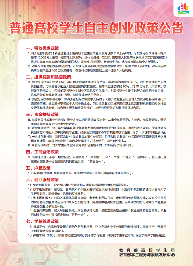 普通高校学生自主创业政策公告