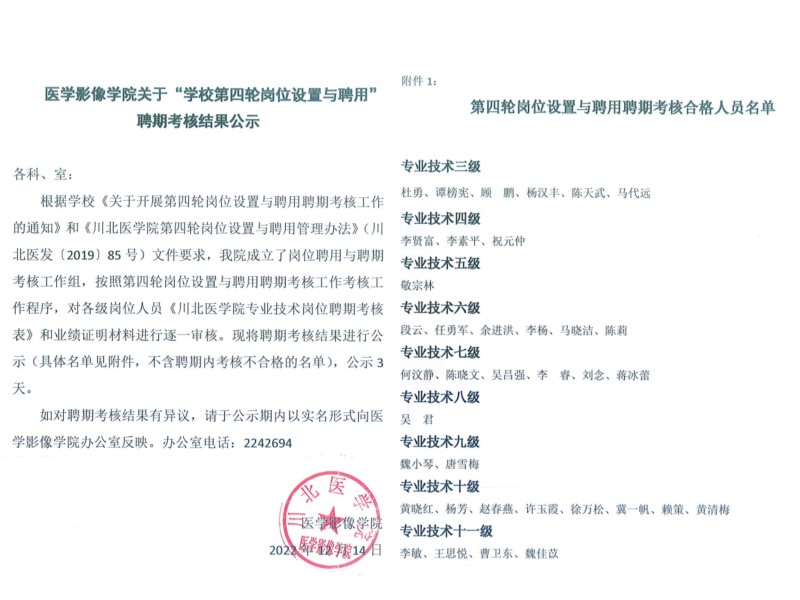 医学影像学院关于“学校第四轮岗位设置与聘用”聘期考核结果公示