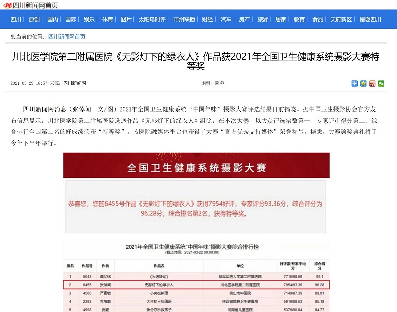 川北医学院第二附属医院《无影灯下的绿衣人》作品获2021年全国卫生健康系统摄影大赛特等奖